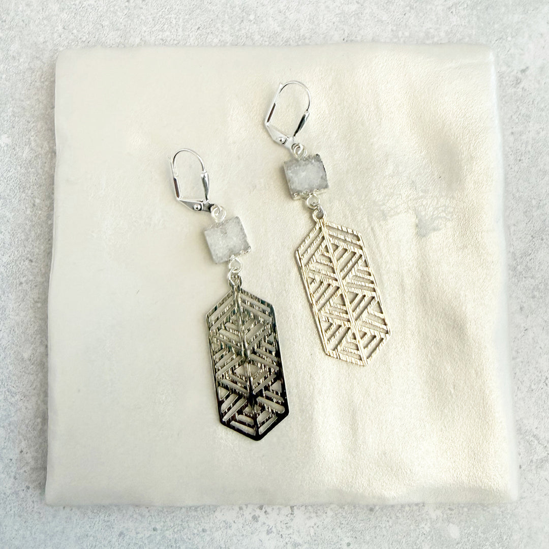White Druzy Chevron Dangle Earrings in Brushed Silver