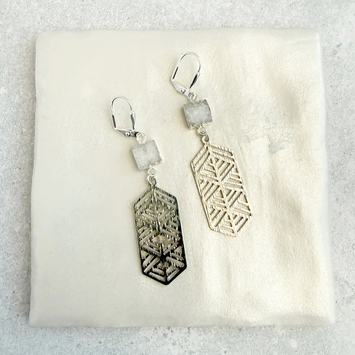 White Druzy Chevron Dangle Earrings in Brushed Silver