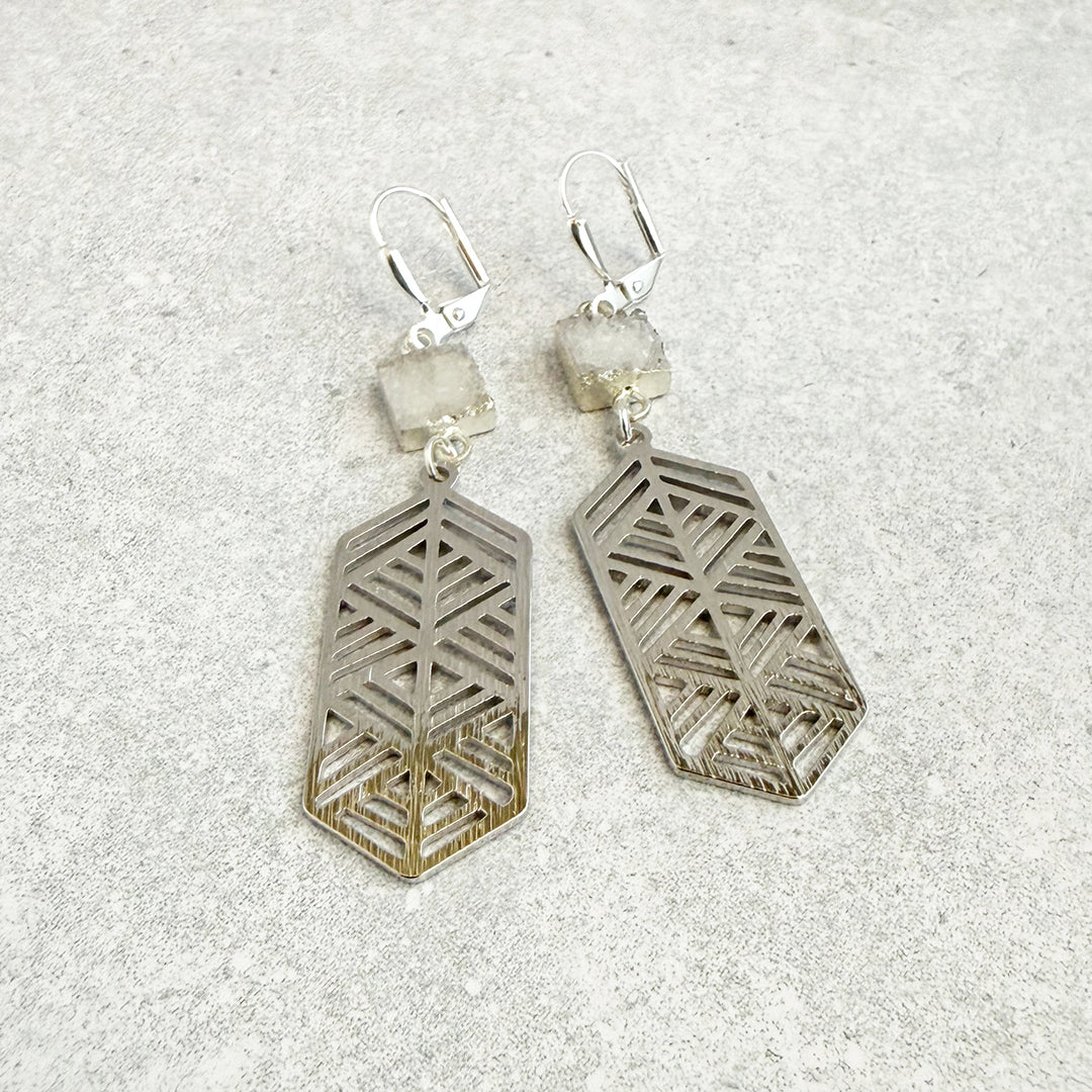 White Druzy Chevron Dangle Earrings in Brushed Silver