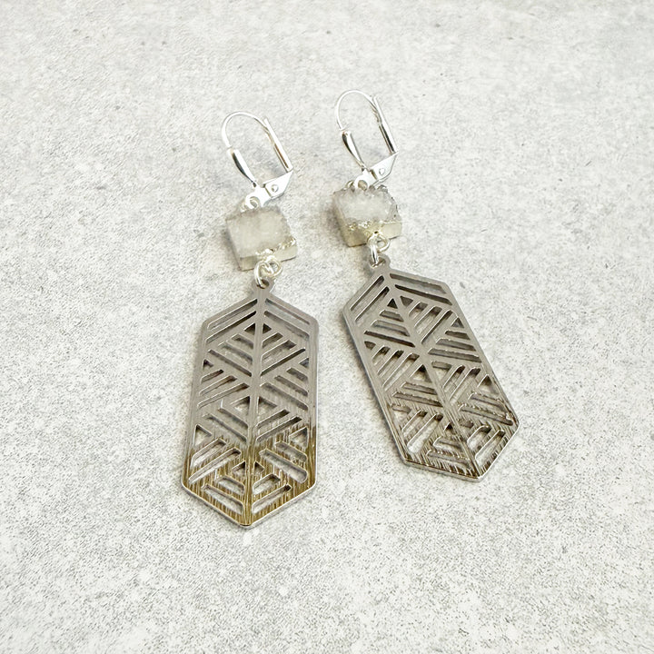 White Druzy Chevron Dangle Earrings in Brushed Silver