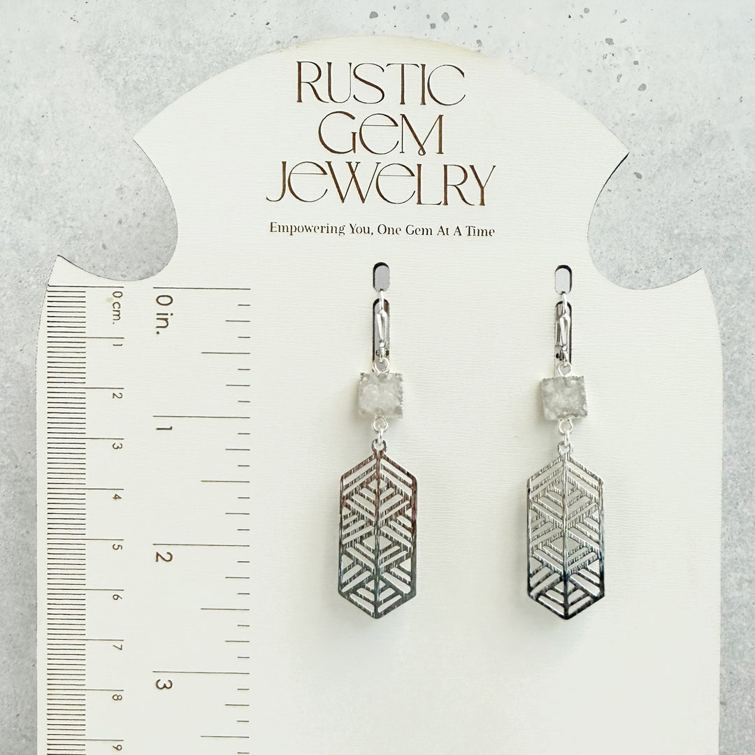 White Druzy Chevron Dangle Earrings in Brushed Silver