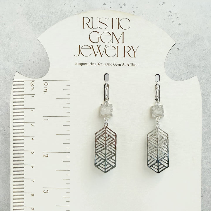 White Druzy Chevron Dangle Earrings in Brushed Silver