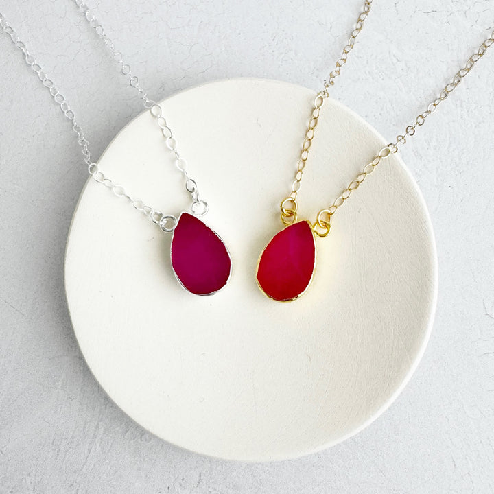 Fuchsia Chalcedony Teardrop Necklace in Gold and Silver