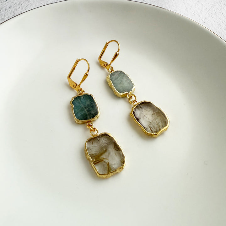 Long Freeform Gemstone Drop Earrings in Gold with Rutilated Quartz and Aquamarine