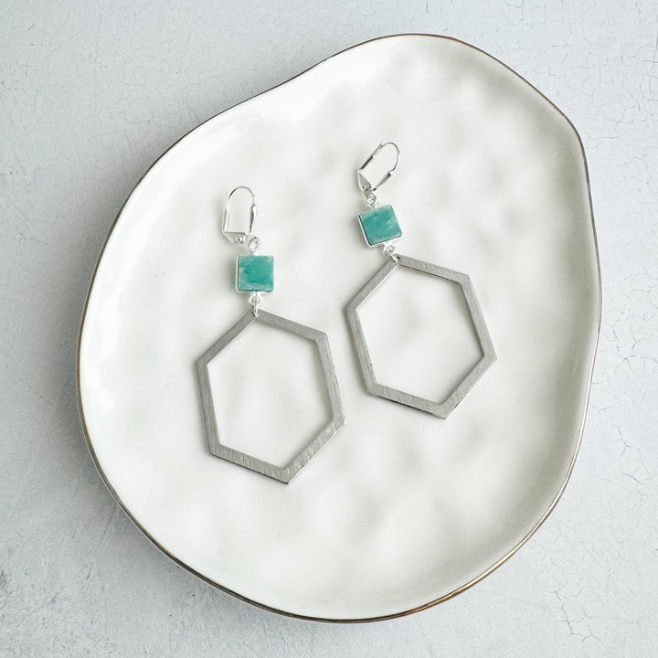 Brushed Silver Hexagon Earrings with Amazonite Stones