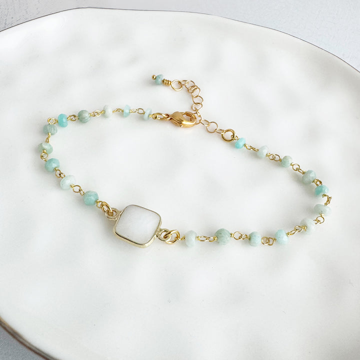 White Quartz and Amazonite Beaded Chain Bracelet in Gold