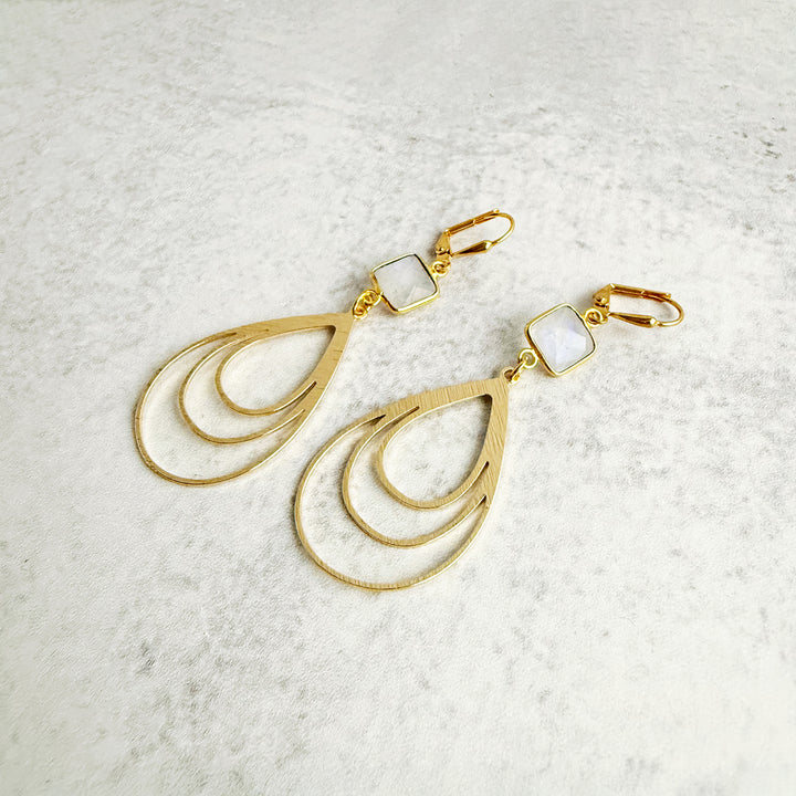 Moonstone and Multiple Teardrop Earrings in Brushed Gold