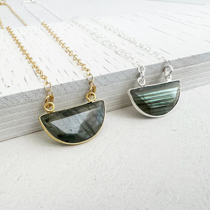 Small Labradorite Half Moon Crescent Necklace in Gold and Silver