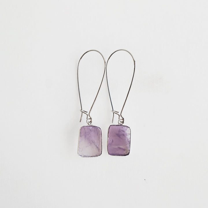 Freeform Amethyst Gemstone Slice Drop Earrings in Silver