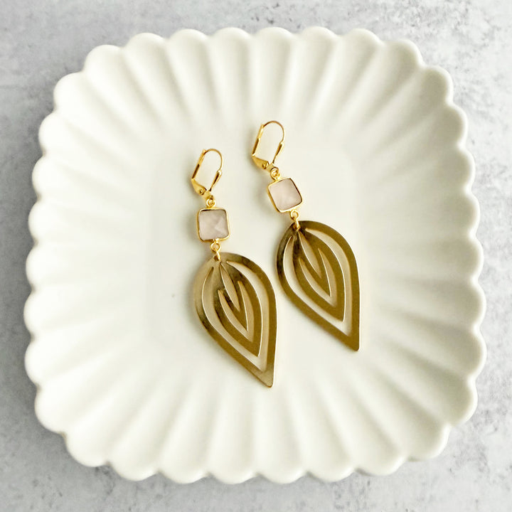 Rose Quartz and Inverted Lotus Statement Earrings in Gold