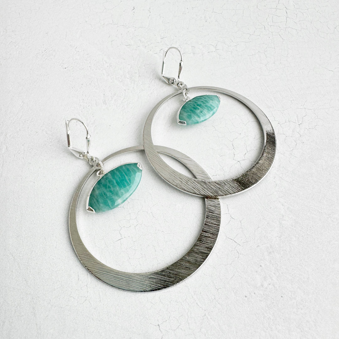 Amazonite Evil Eye Hoop Earrings in Brushed Silver