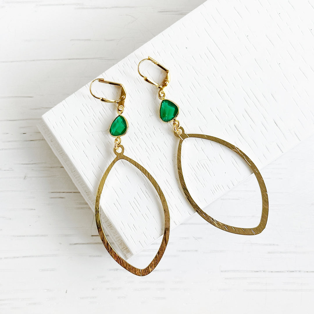 Green Quartz and Marquise Statement Earrings in Brushed Brass Gold