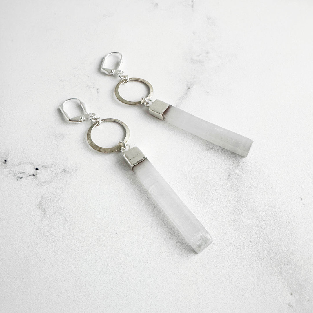 Selenite Bar Hoop Drop Earrings in Silver