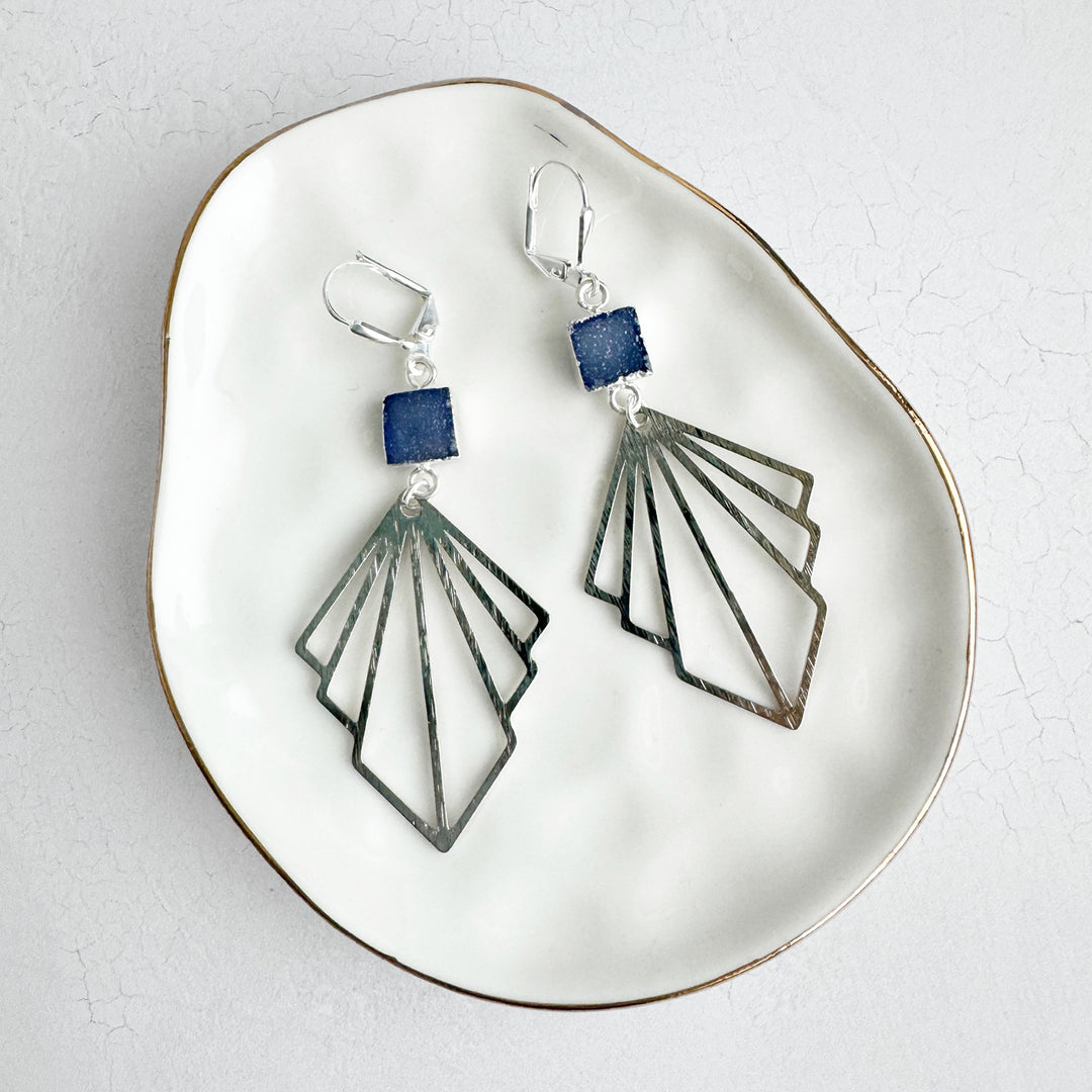 Indigo Druzy and Layered Fan Statement Earrings in Brushed Gold and Silver