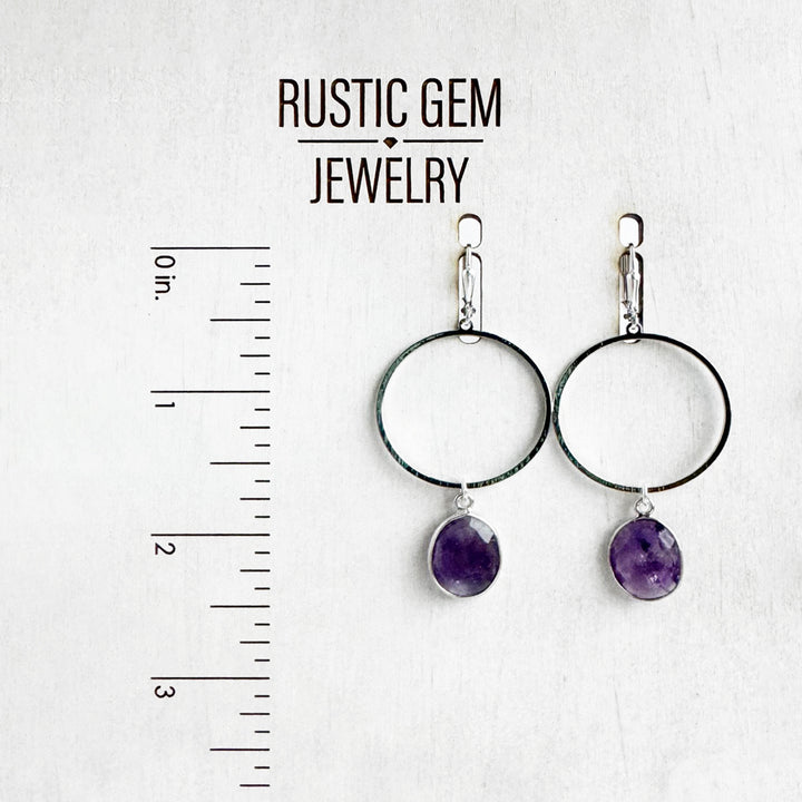 Amethyst Hoop Dangle Earrings in Brushed Silver