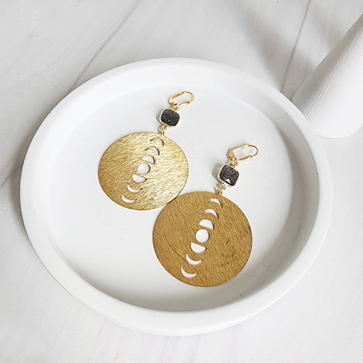Moon Phases Circle Disk Earrings with Black Sunstone in Brushed Brass Gold