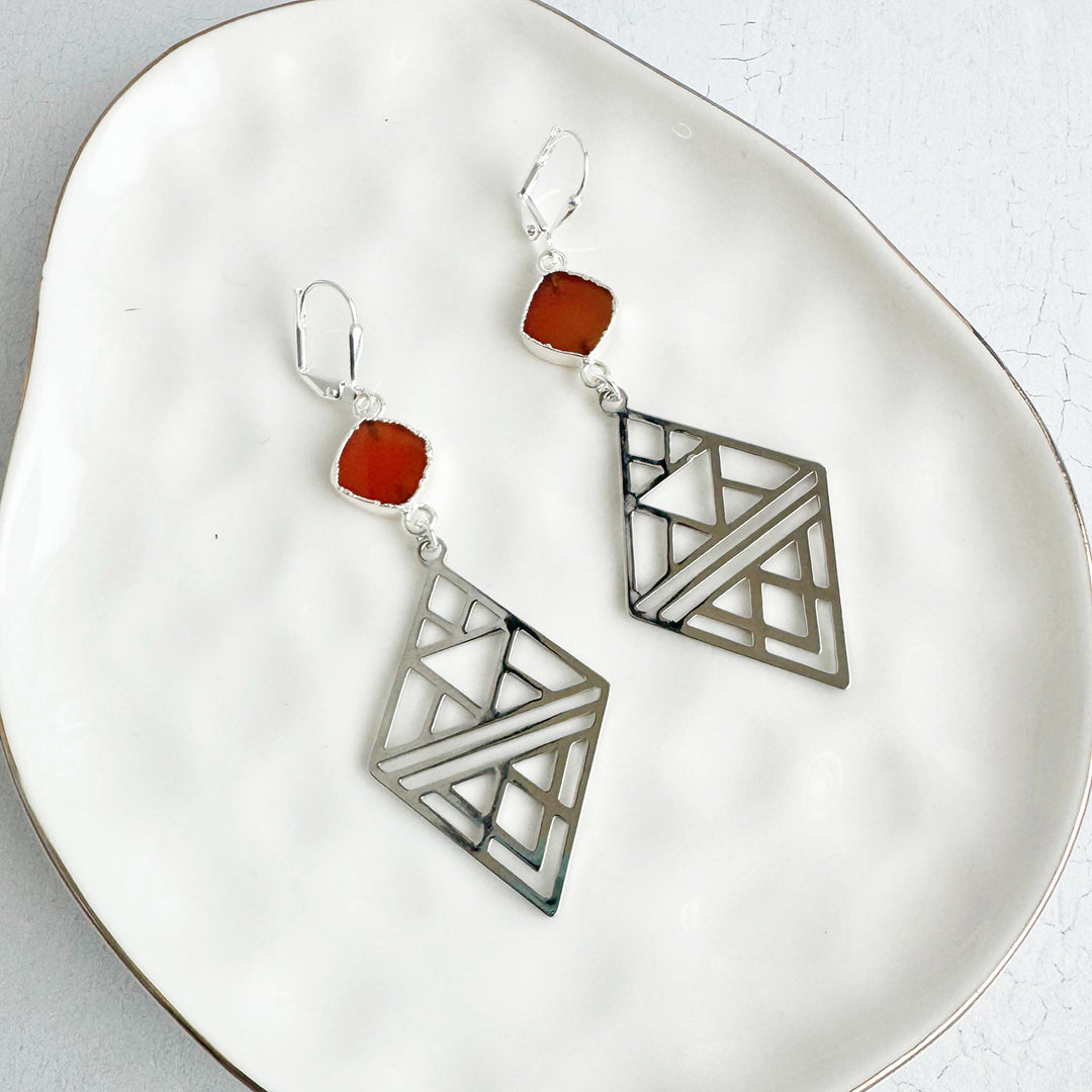 Carnelian and Geometric Diamond Statement Earrings in Silver