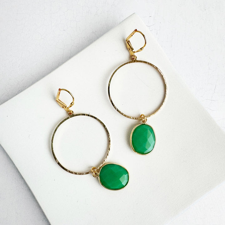 Green Onyx Hoop Dangle Earrings in Brushed Gold