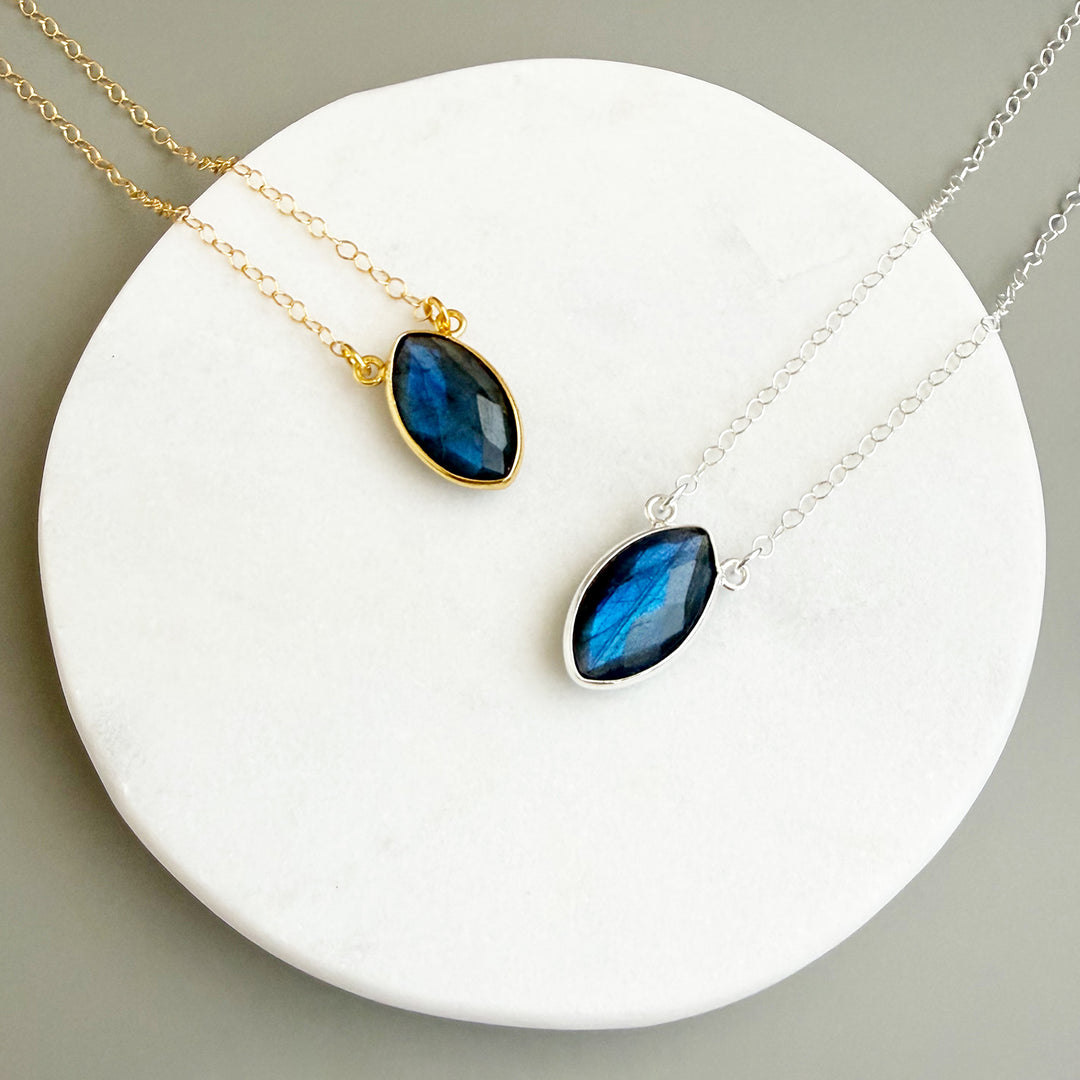 Labradorite Vertical Marquise Bezel Pendant Necklace