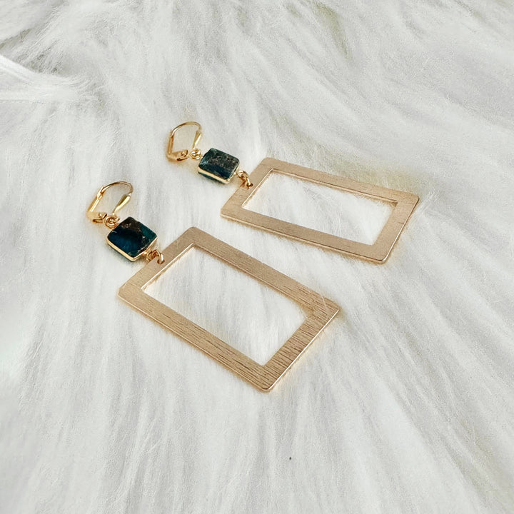 Teal Mojave Rectangle Statement Earrings in Brushed Gold