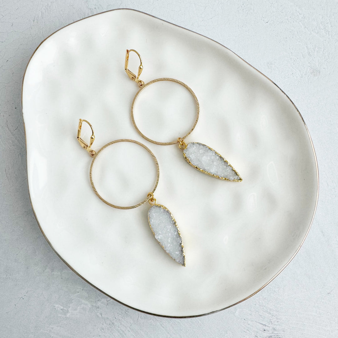 White Druzy Hoop Dangle Earrings in Gold