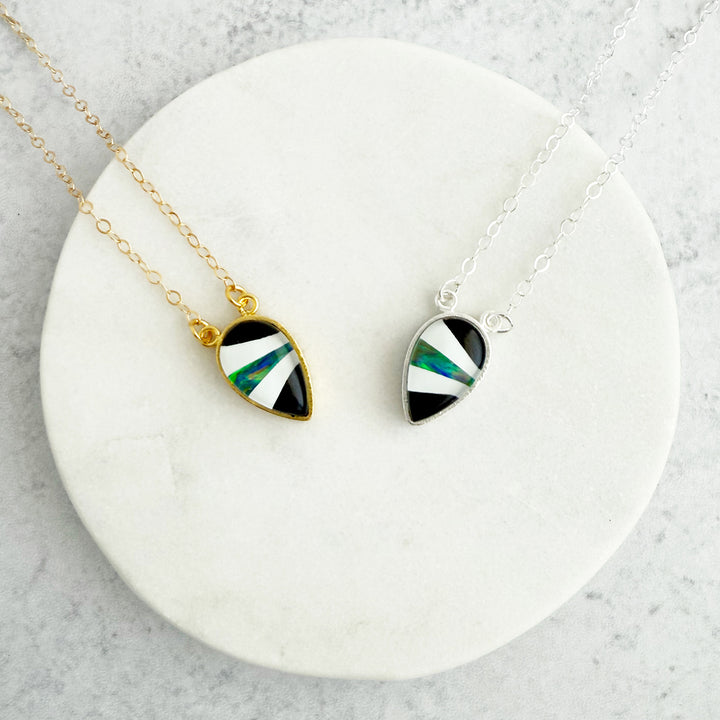 Black Quartz and Opal Inverted Teardrop Bezel Necklace