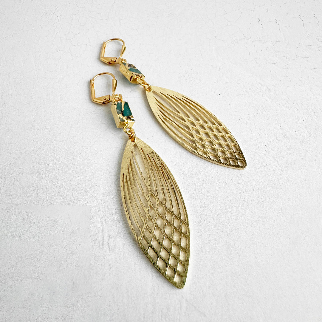 Teal Mojave Marquise Earrings in Brushed Gold