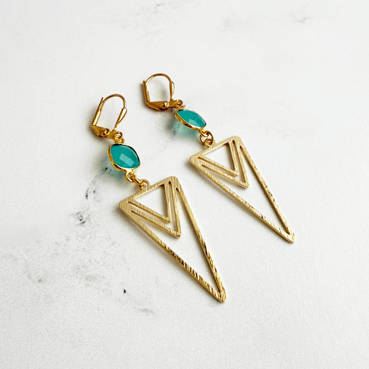 Aqua Chalcedony and Layered Triangle Statement Earrings