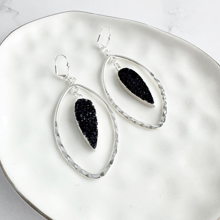 Black Druzy Hammered Marquise Dangle Earrings in Silver