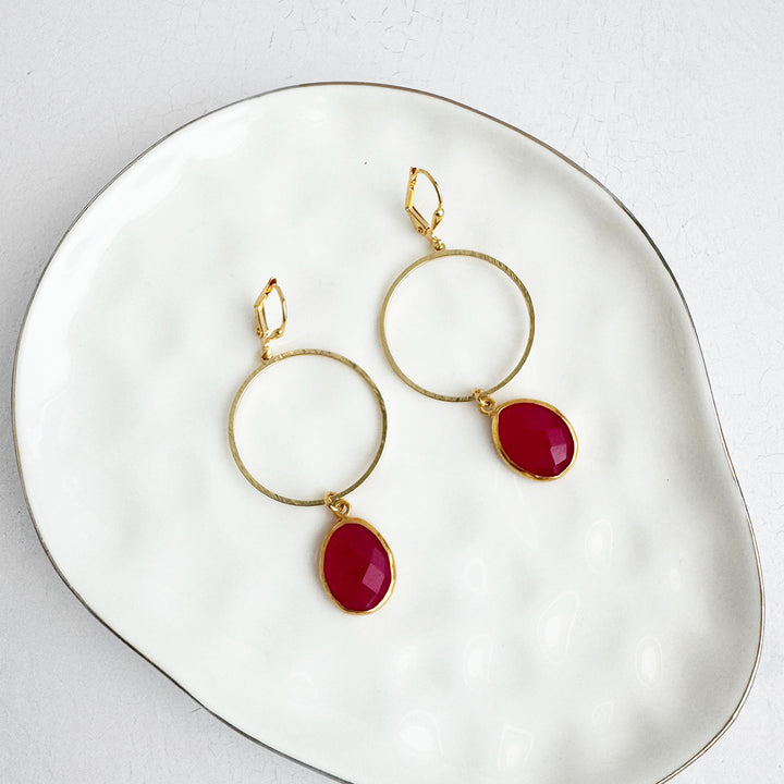 Fuchsia Chalcedony Hoop Dangle Earrings in Brushed Gold and Silver