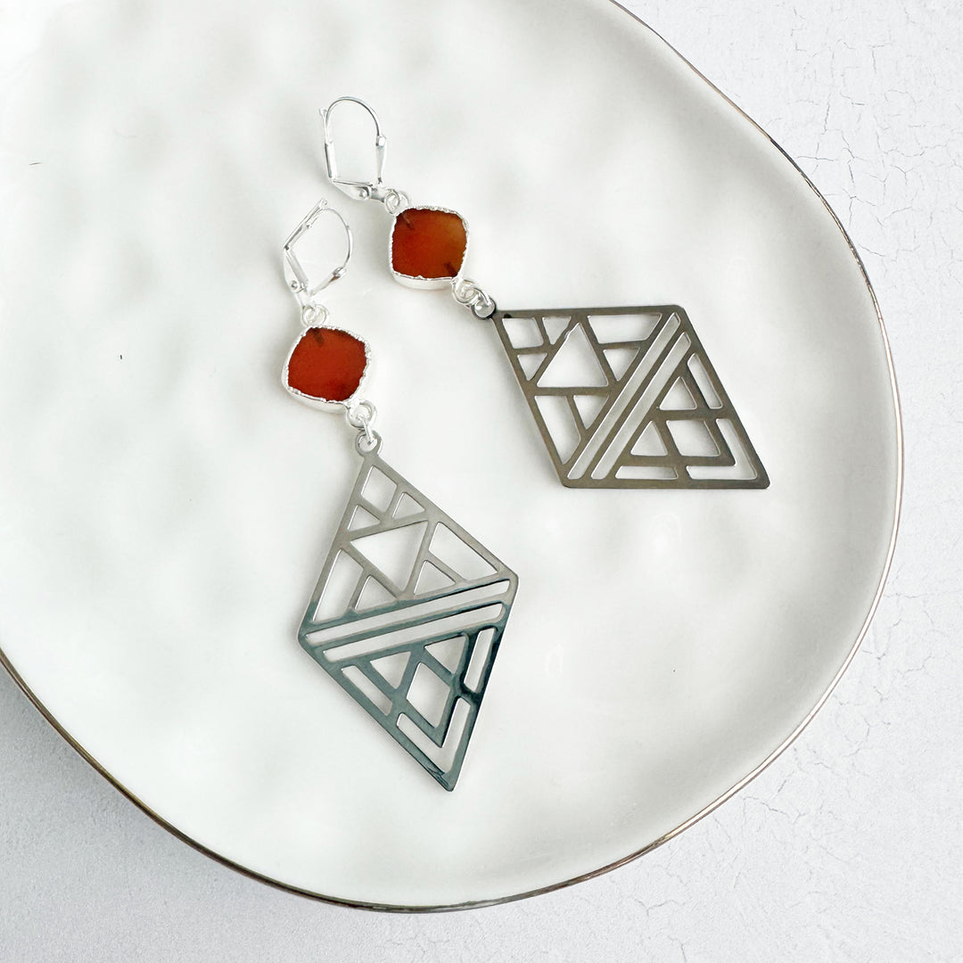 Carnelian and Geometric Diamond Statement Earrings in Silver