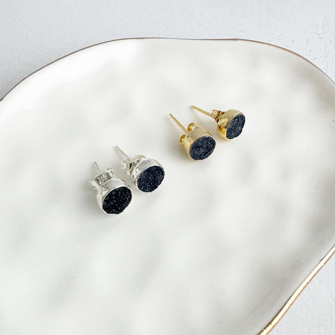 Black Druzy Dot Stud Earrings in Gold and Silver