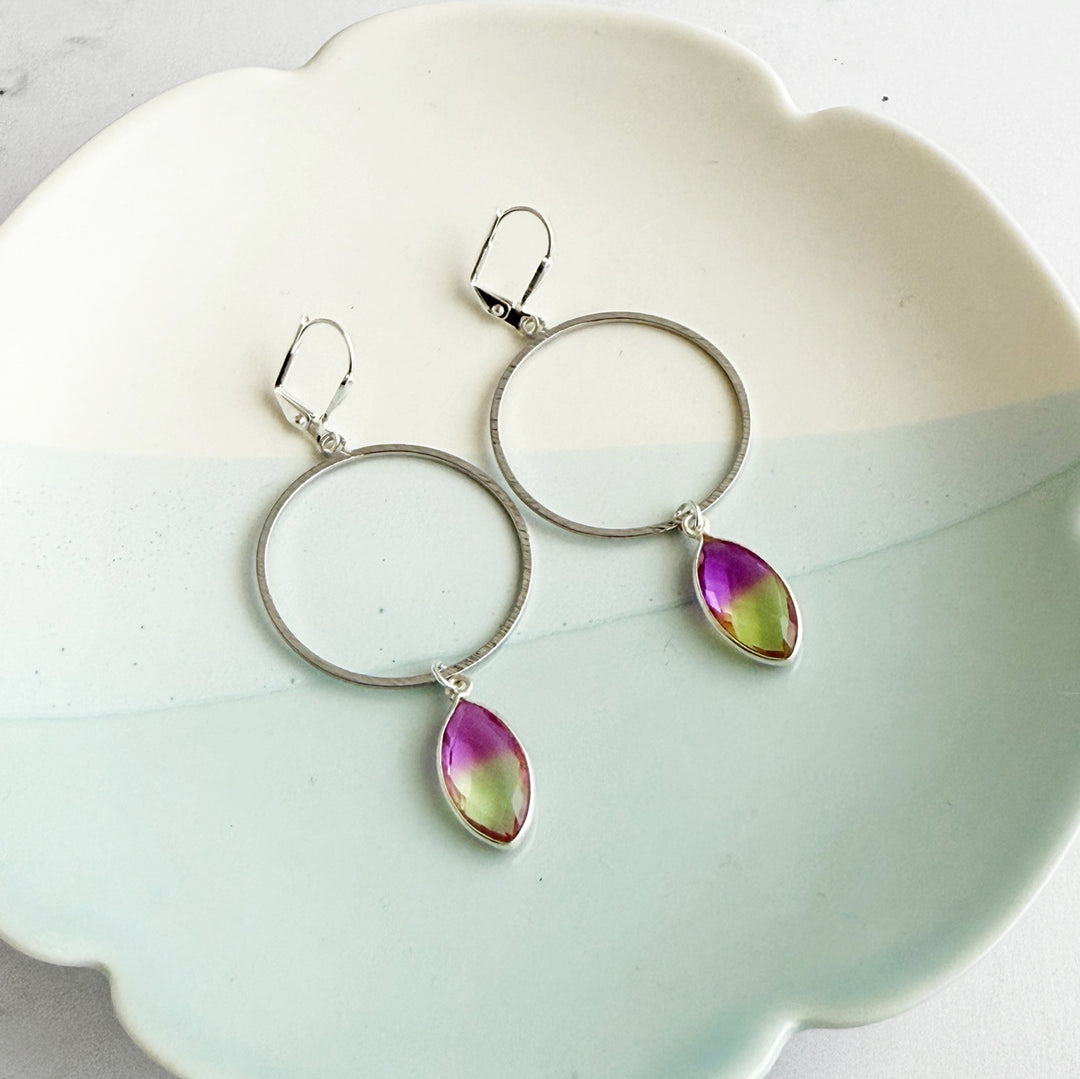 Yellow Pink Aura Quartz Hoop Dangle Earrings in Silver
