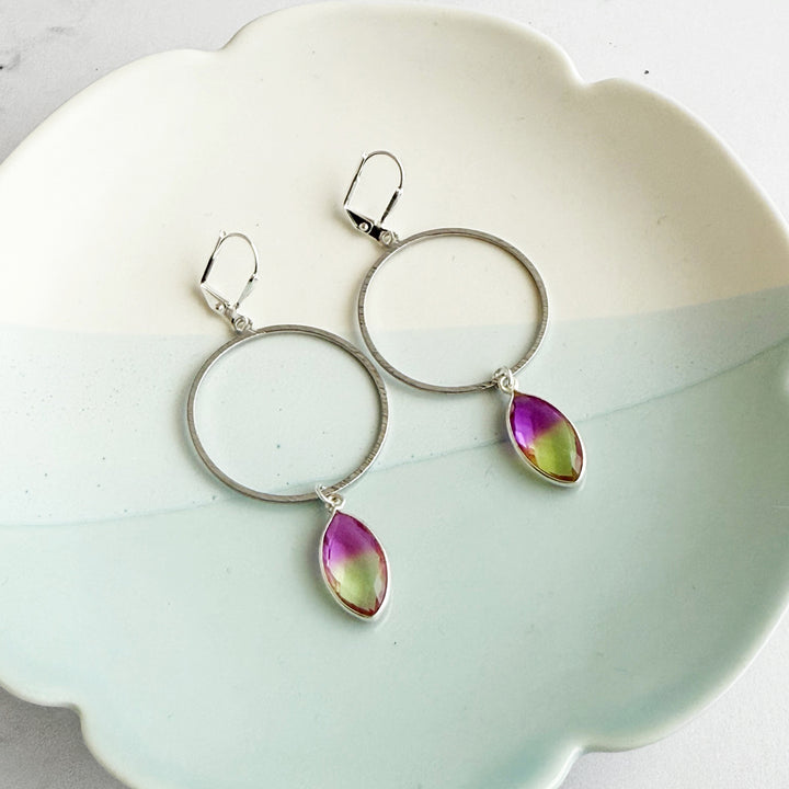 Yellow Pink Aura Quartz Hoop Dangle Earrings in Silver
