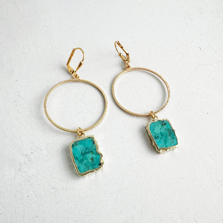 Freeform Turquoise Hoop Dangle Earrings in Brushed Gold
