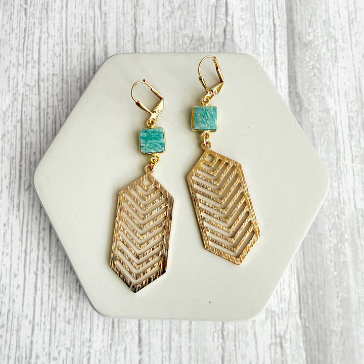 Amazonite Chevron Dangle Earrings in Brushed Gold