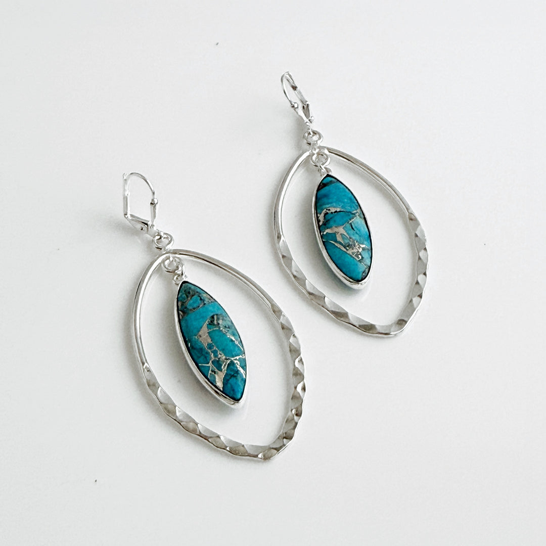 Turquoise and Hammered Marquise Dangle Earrings in Silver