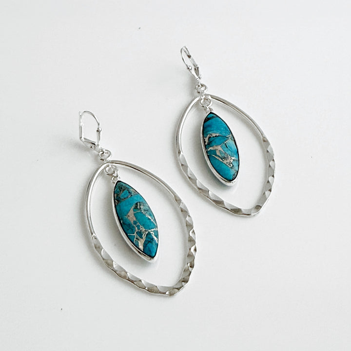 Turquoise and Hammered Marquise Dangle Earrings in Silver