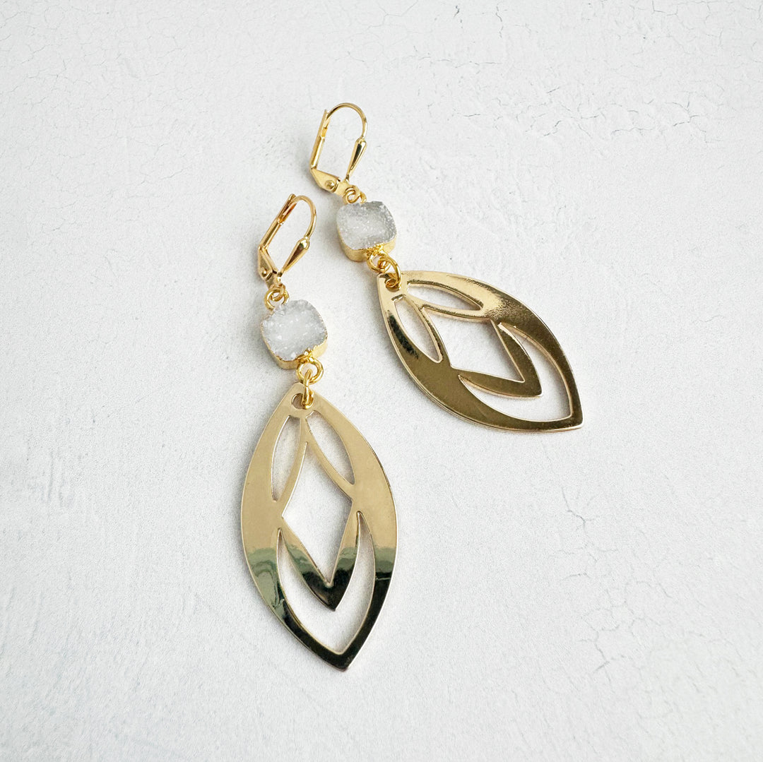 White Druzy Celtic Dangle Earrings in Gold