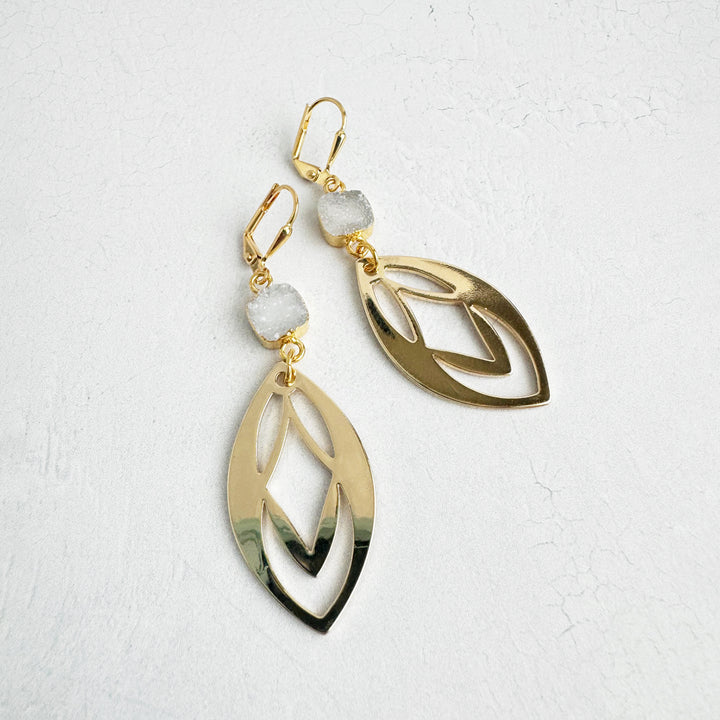 White Druzy Celtic Dangle Earrings in Gold