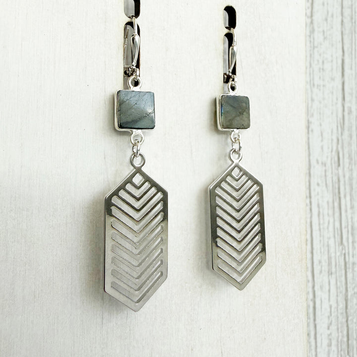 Labradorite Chevron Dangle Earrings in Silver