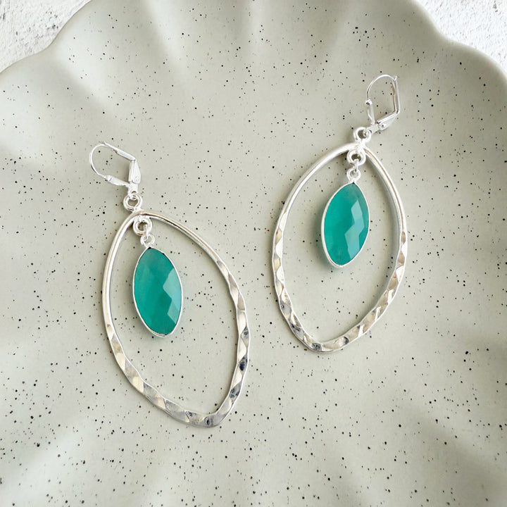 Aqua Chalcedony and Hammered Marquise Dangle Earrings in Silver