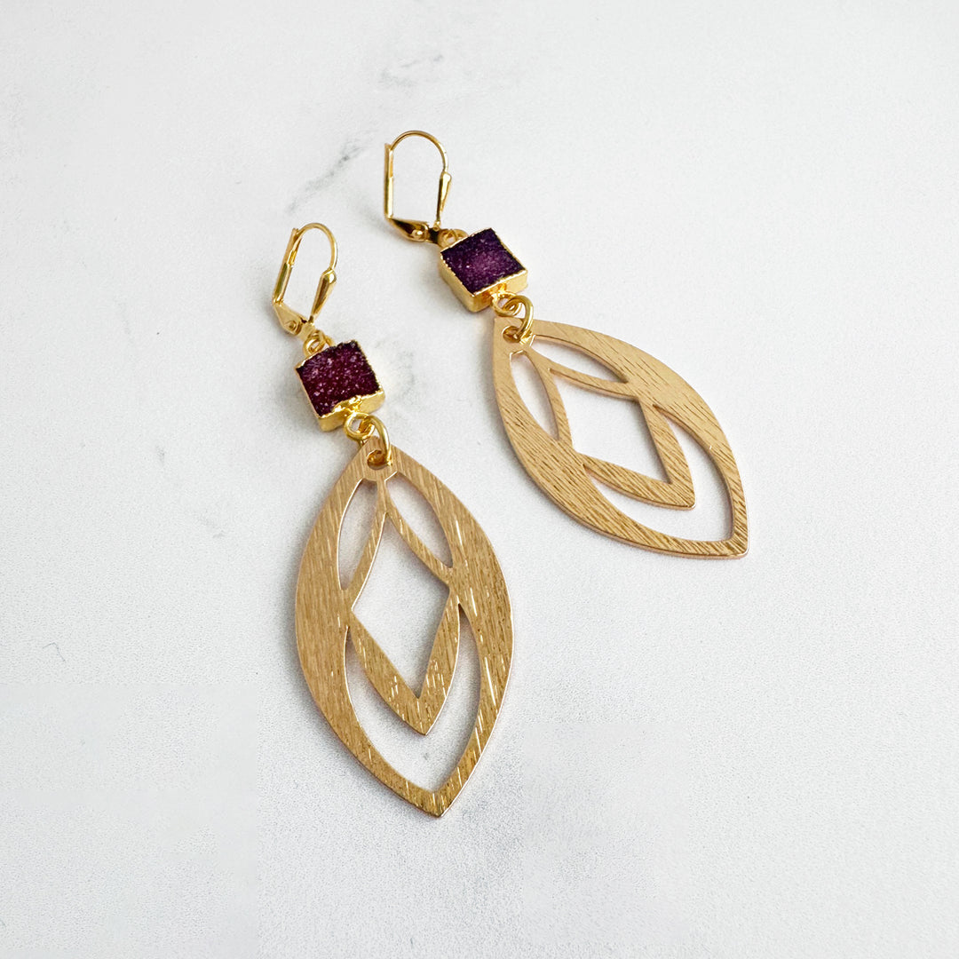 Maroon Druzy Celtic Dangle Earrings in Brushed Gold