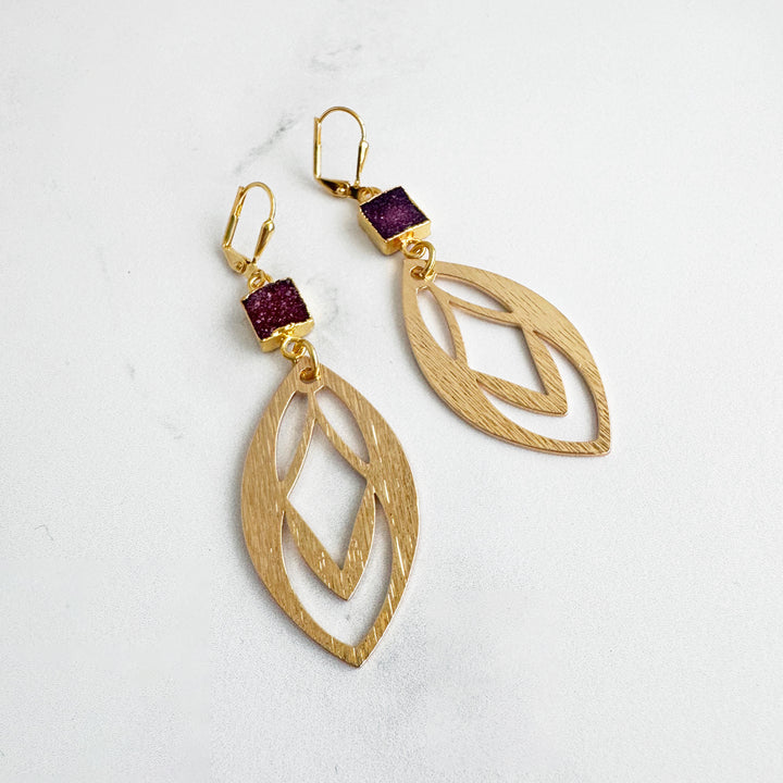 Maroon Druzy Celtic Dangle Earrings in Brushed Gold