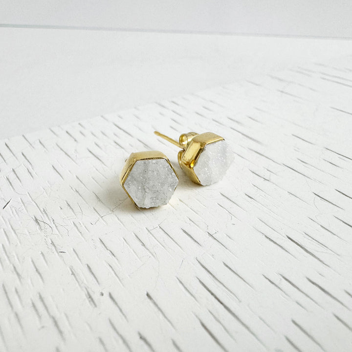 White Druzy Hexagon Stud Earrings in Gold and Silver