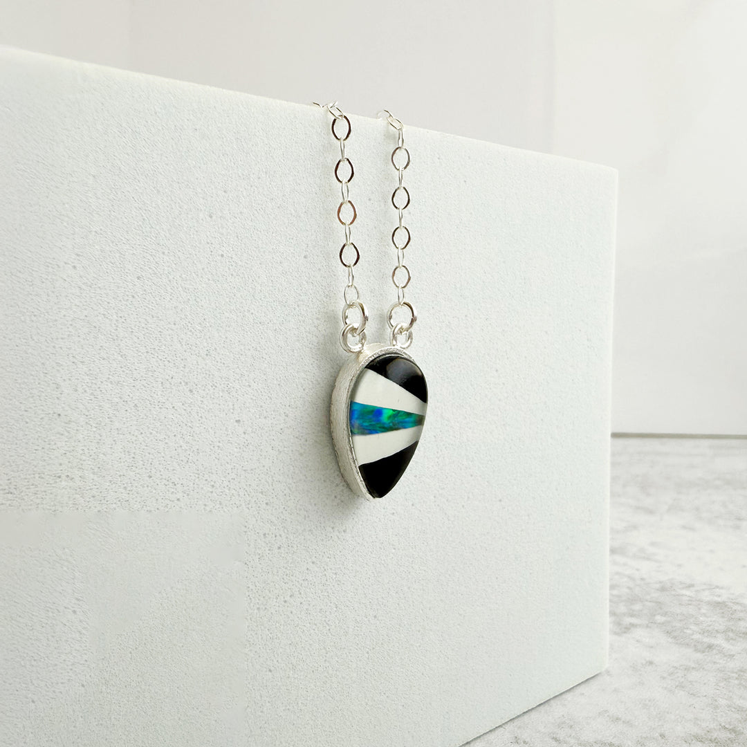 Black Quartz and Opal Inverted Teardrop Bezel Necklace