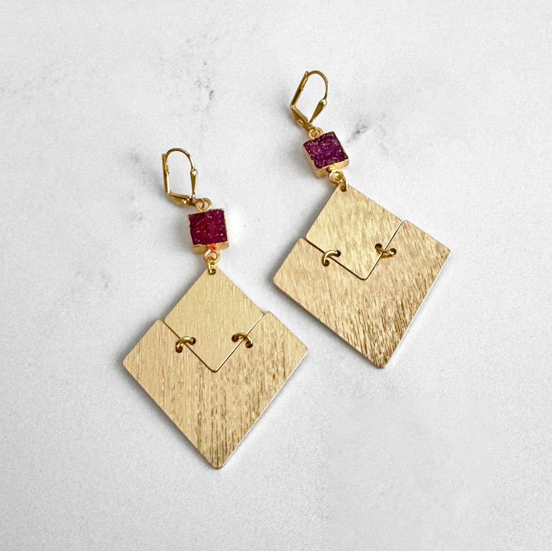 Burgundy Druzy Diamond Pendant Statement Earrings in Gold