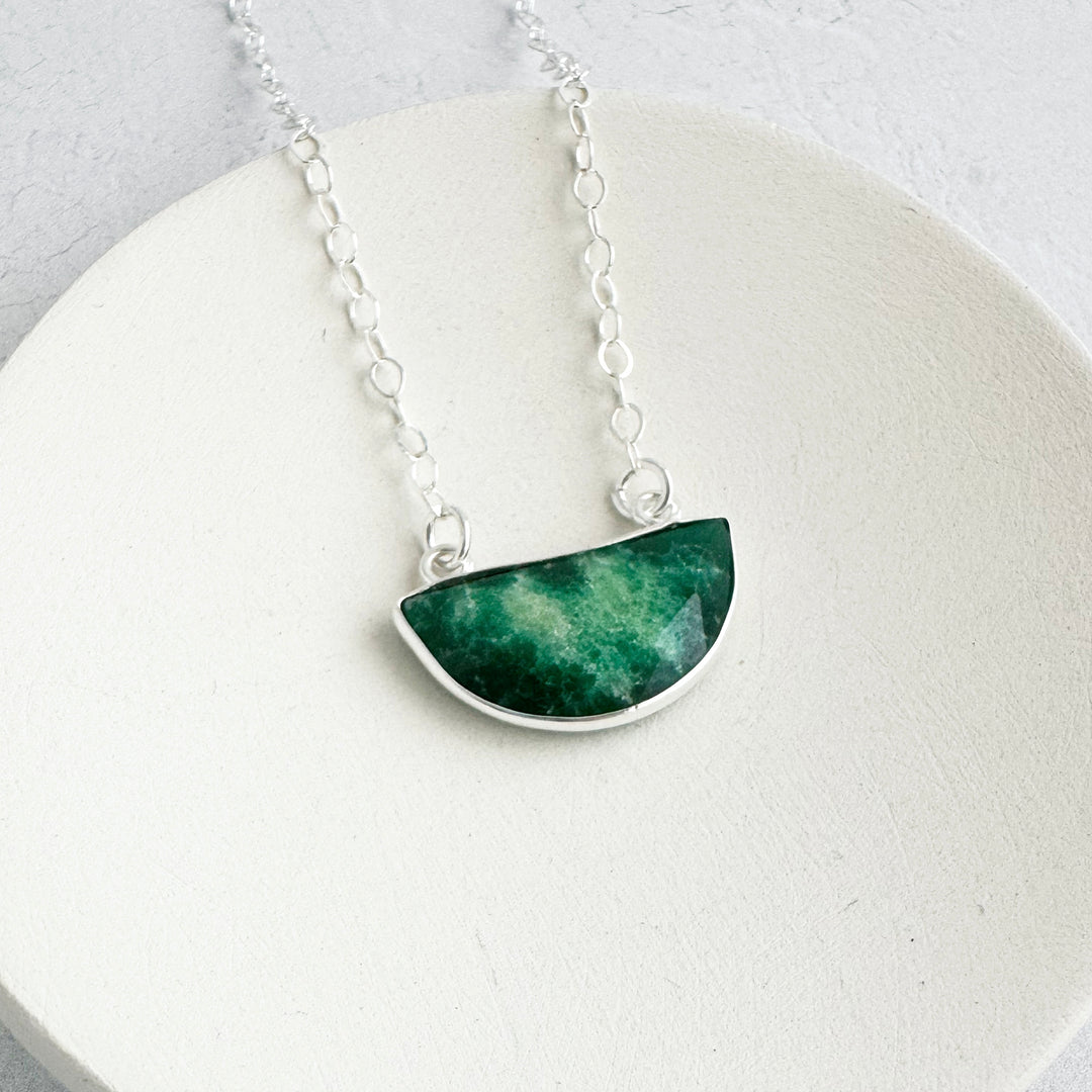 Small Raw Emerald Half Moon Crescent Necklace in Gold and Silver