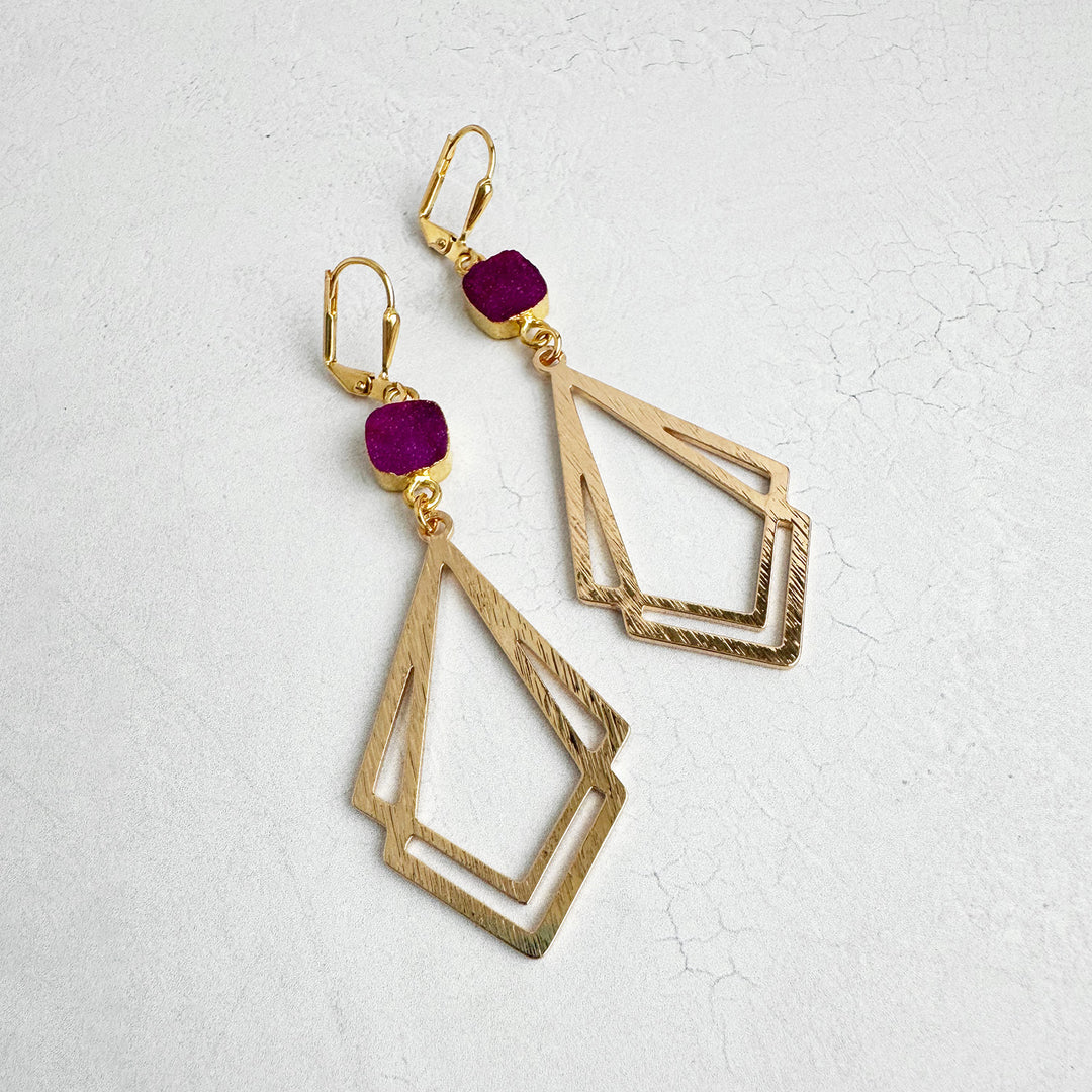 Fuchsia Druzy Double Kite Earrings in Brushed Gold