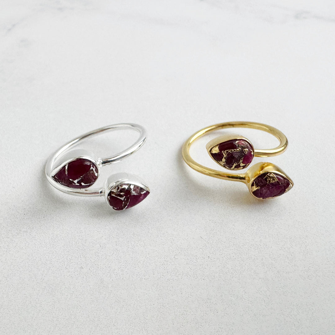 Double Teardrop Stone Wrap Ring in Ruby Mojave